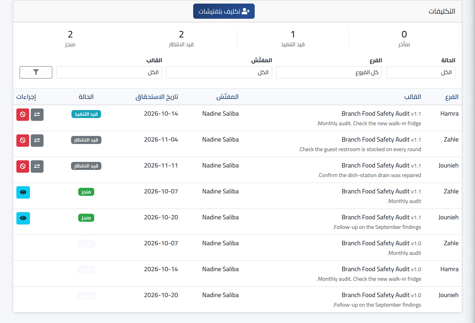 اعرض التكليفات — تكليف عمليات التفتيش