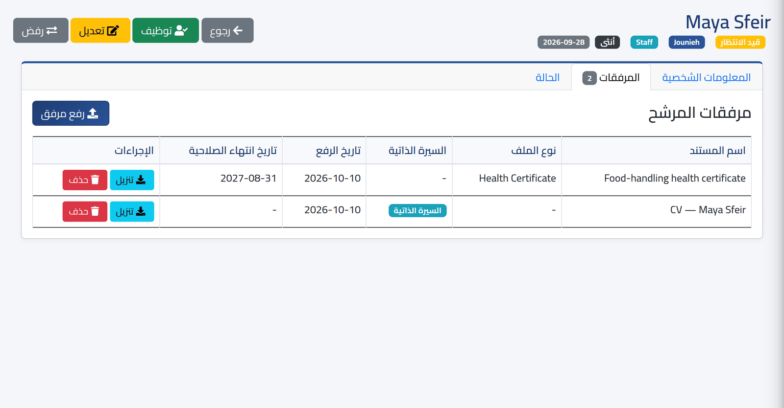 افتح المرفقات — السيرة الذاتية للمرشّح وأوراقه
