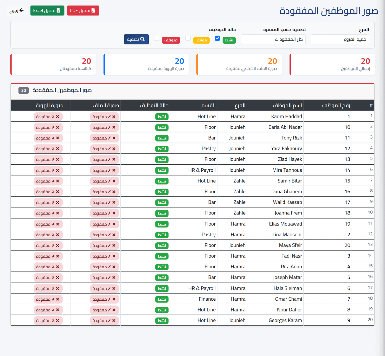 الصور المفقودة — قوائم الموظفين والهيكل