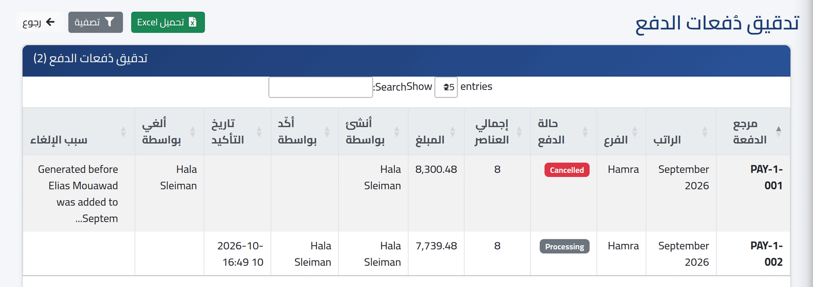 كل دفعة — تقارير الدفع