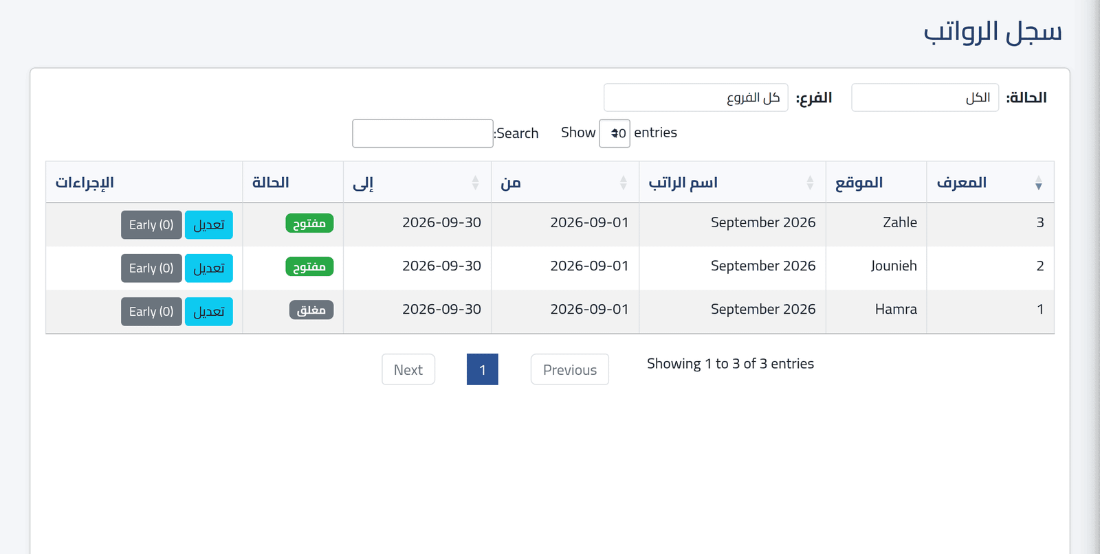 افتح السجل — فترات الرواتب السابقة