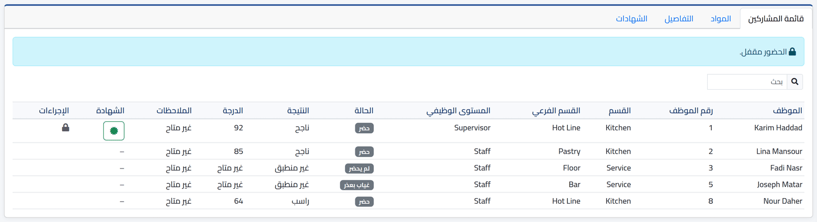 بعد الإكمال — تسجيل المشاركين وتحضيرهم