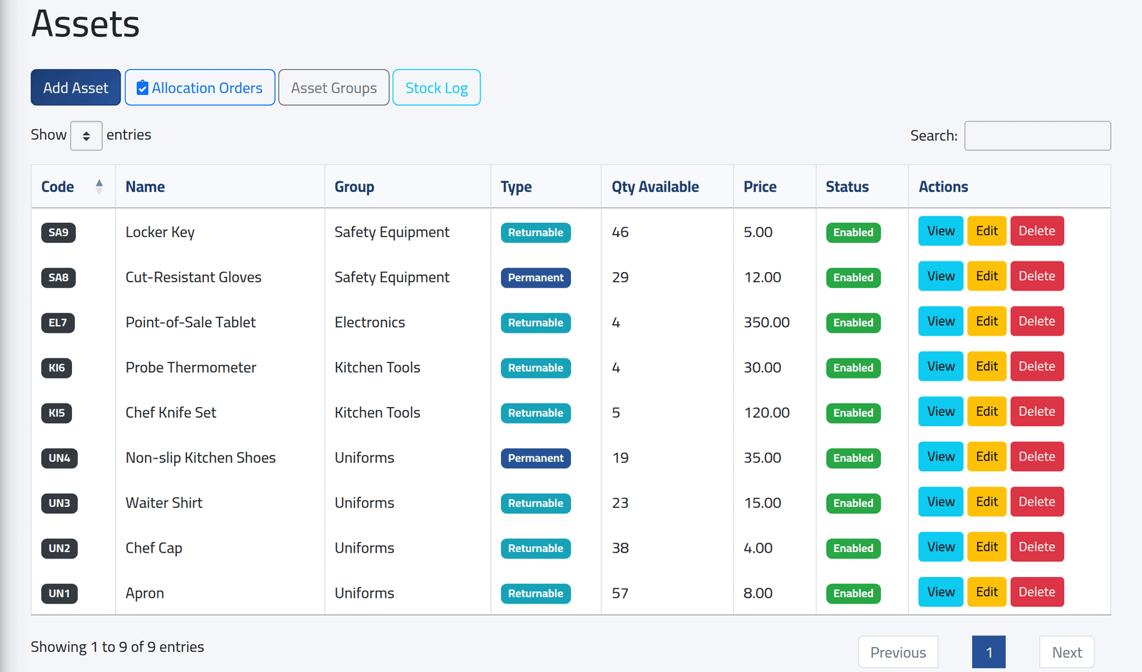 Open the list — Adding an asset