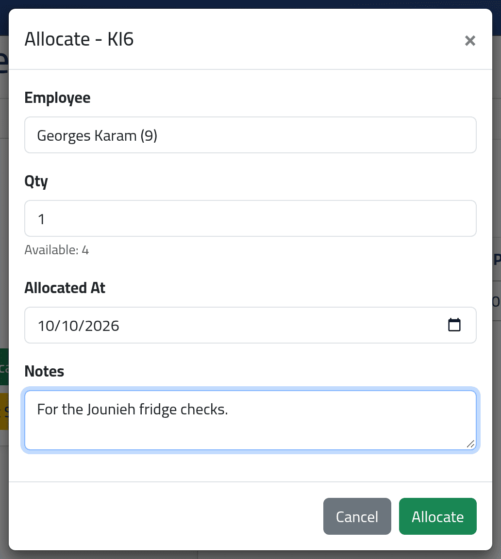 Allocate — Giving out an asset and adjusting stock