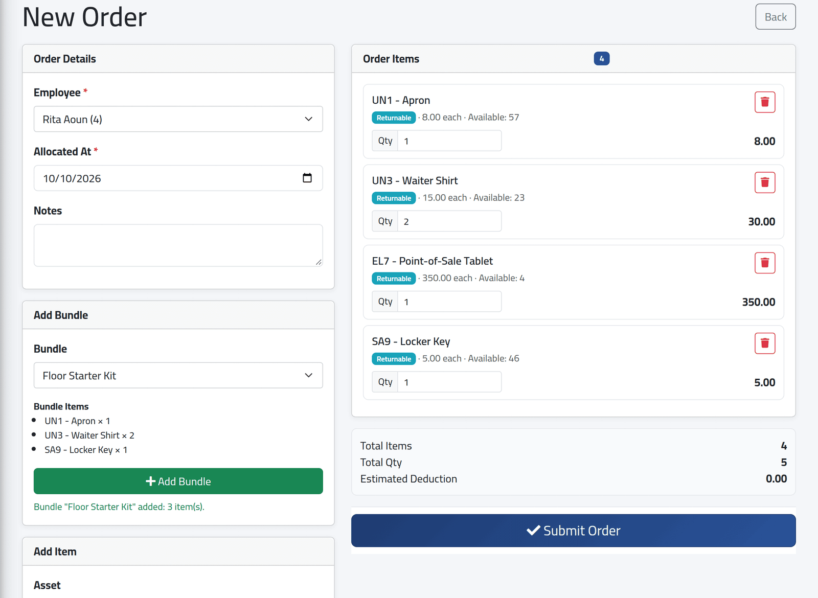 Fill in the order — Giving out several assets at once