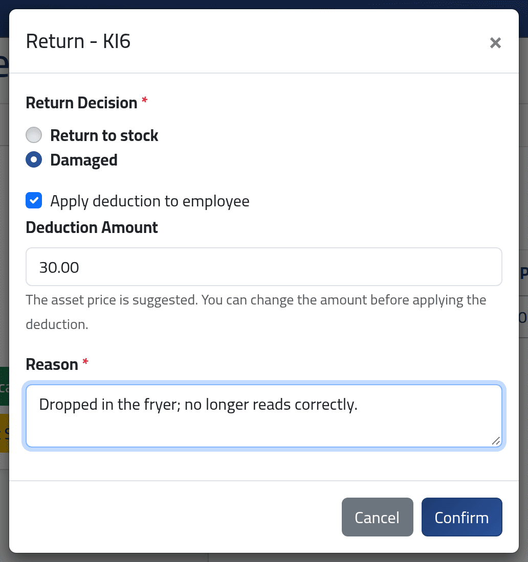 A returnable item — Taking an asset back