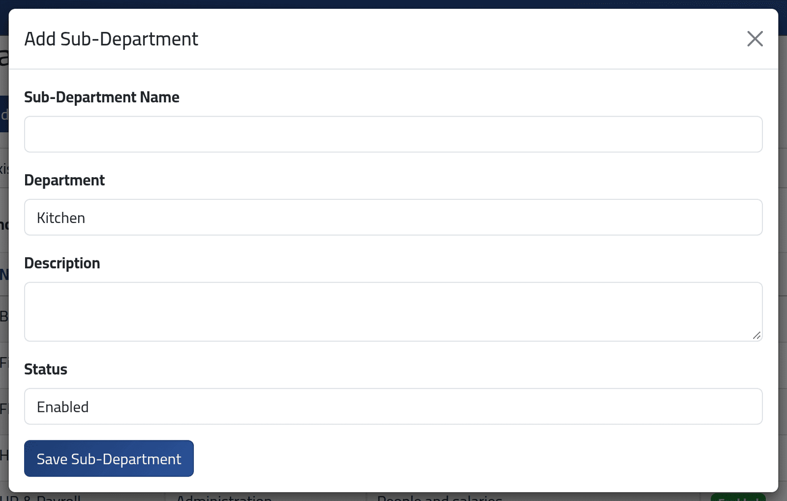 Add a sub-department — Departments and sub-departments