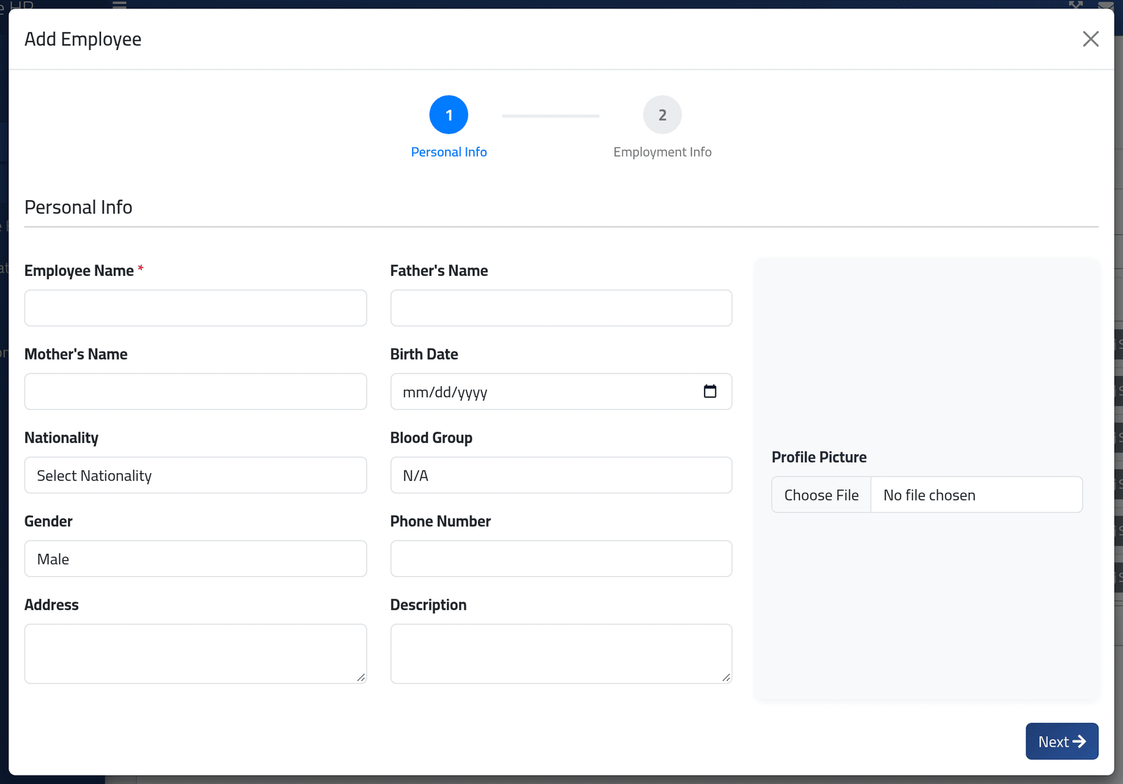 Open the form — Adding an employee