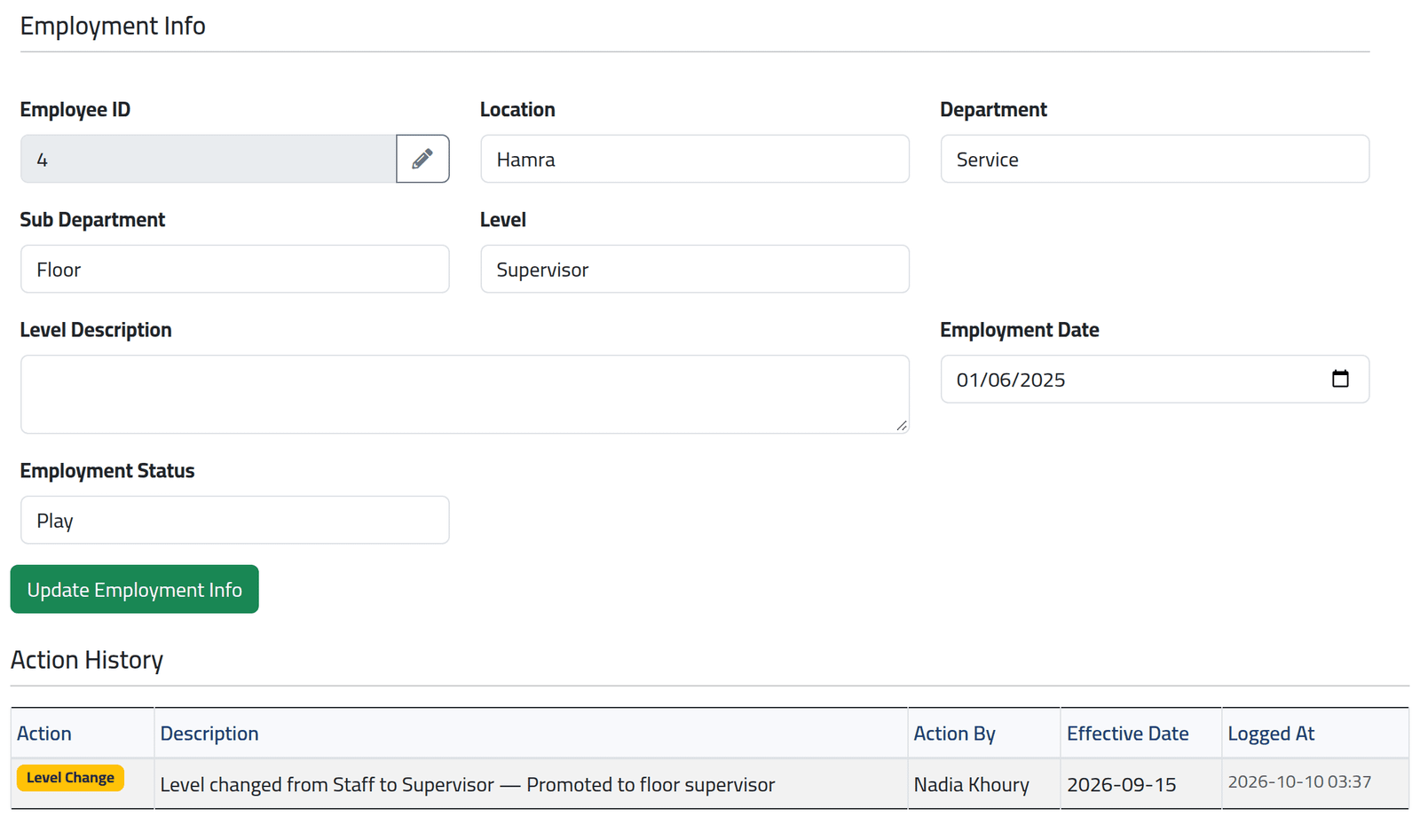 Open Employment Info — Changing an employee's details