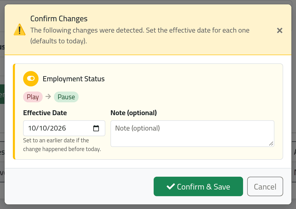 Make the change, and give its date — Changing an employee's details
