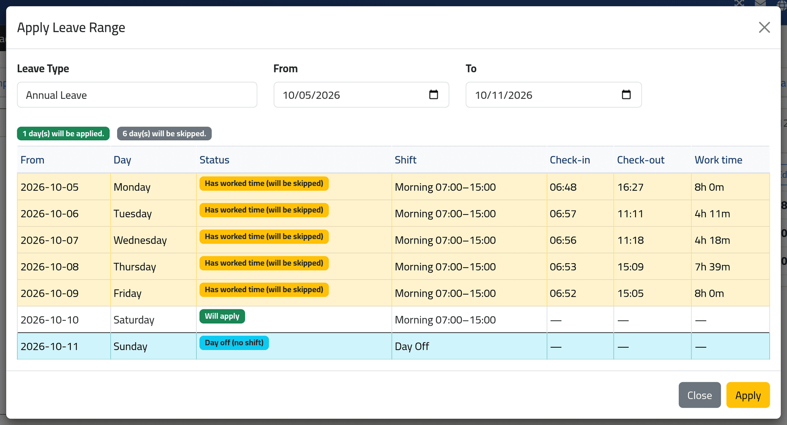 Apply leave to a range of days — Recording leave