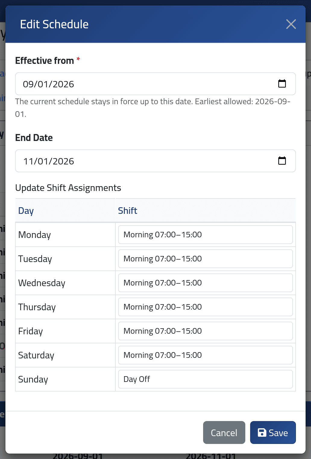 Change a schedule from a date — Giving someone a schedule