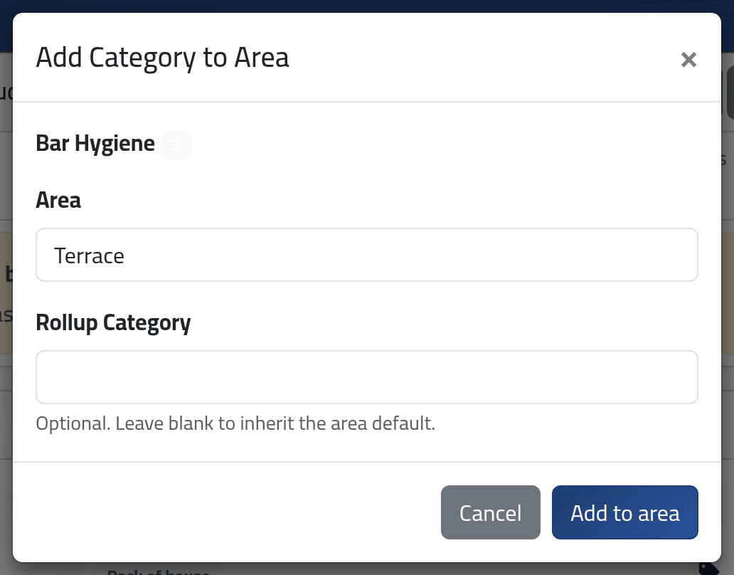 Add a category to an area — Building an inspection form