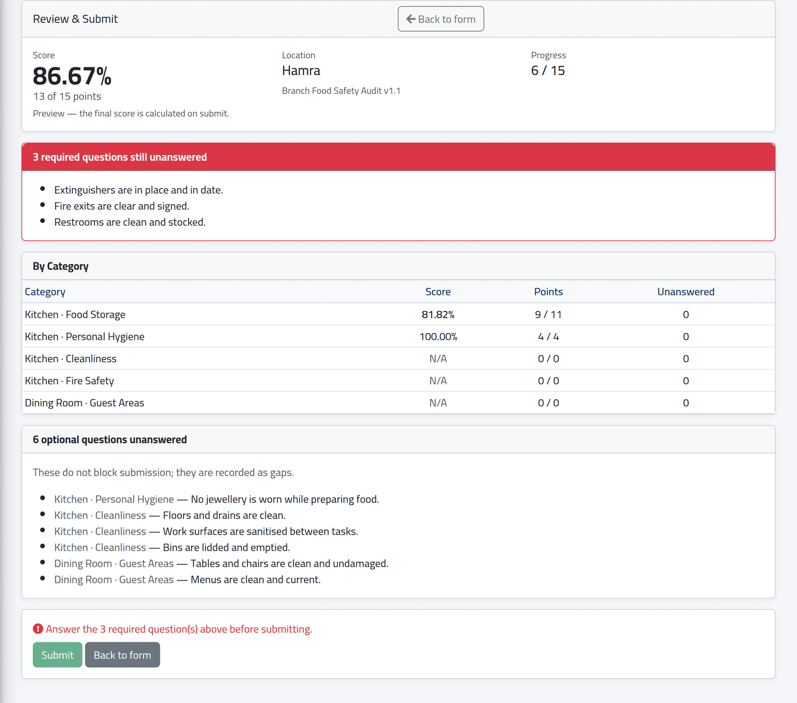 Review — Reviewing and submitting an inspection