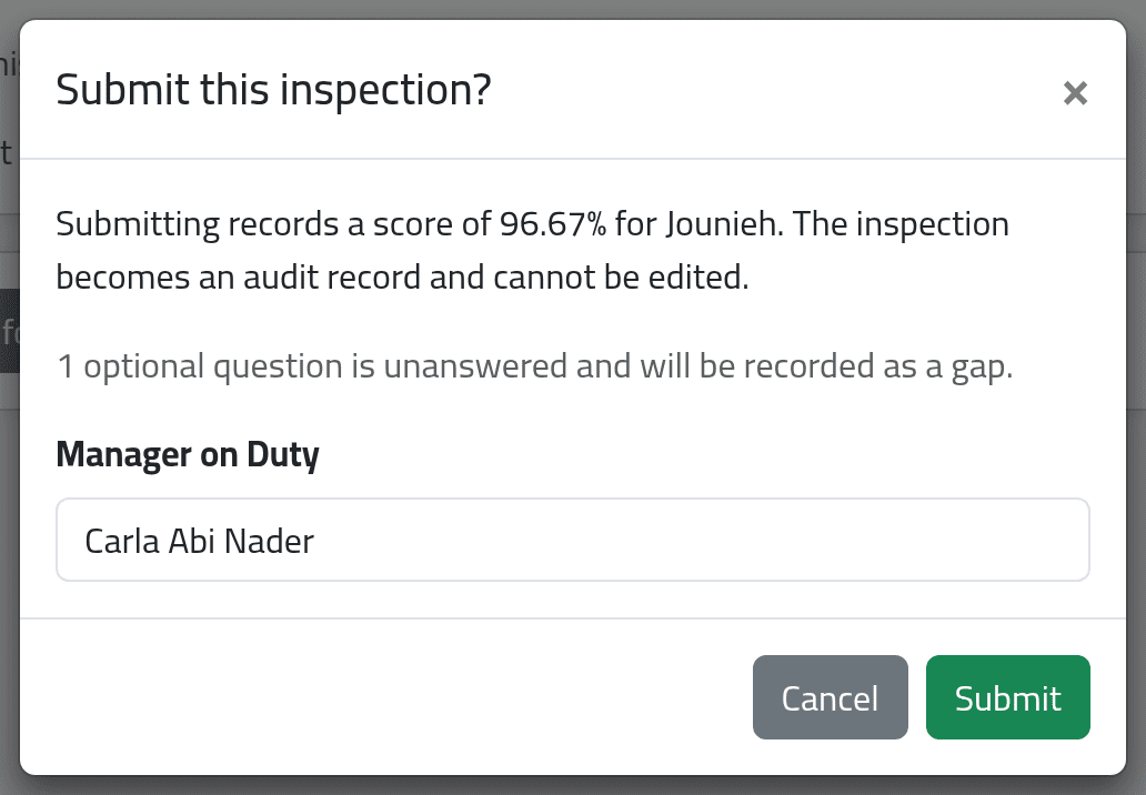 Submit — Reviewing and submitting an inspection