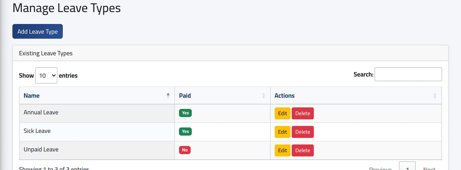 Open the list — Leave types