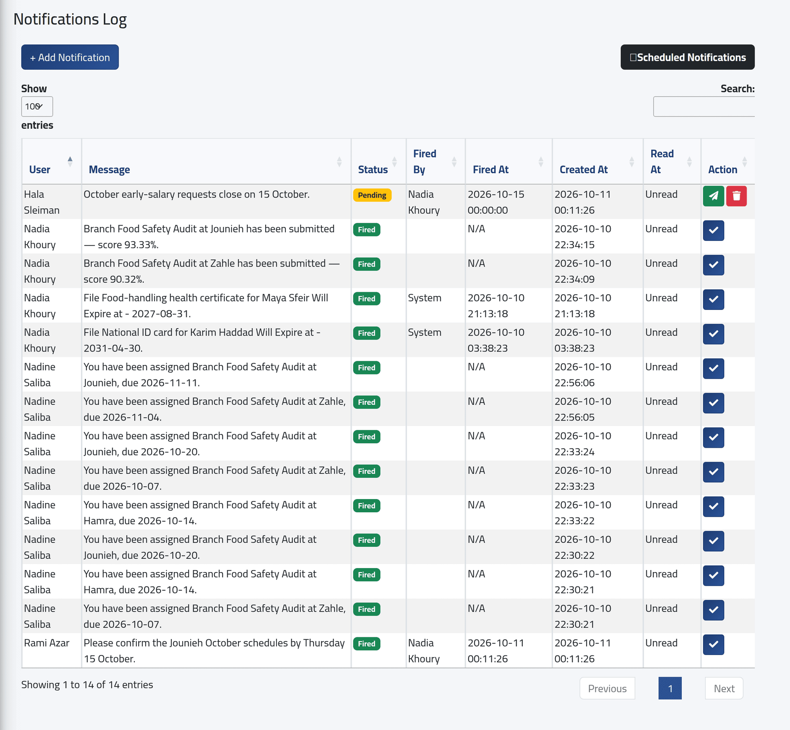 The log — Sending a notification