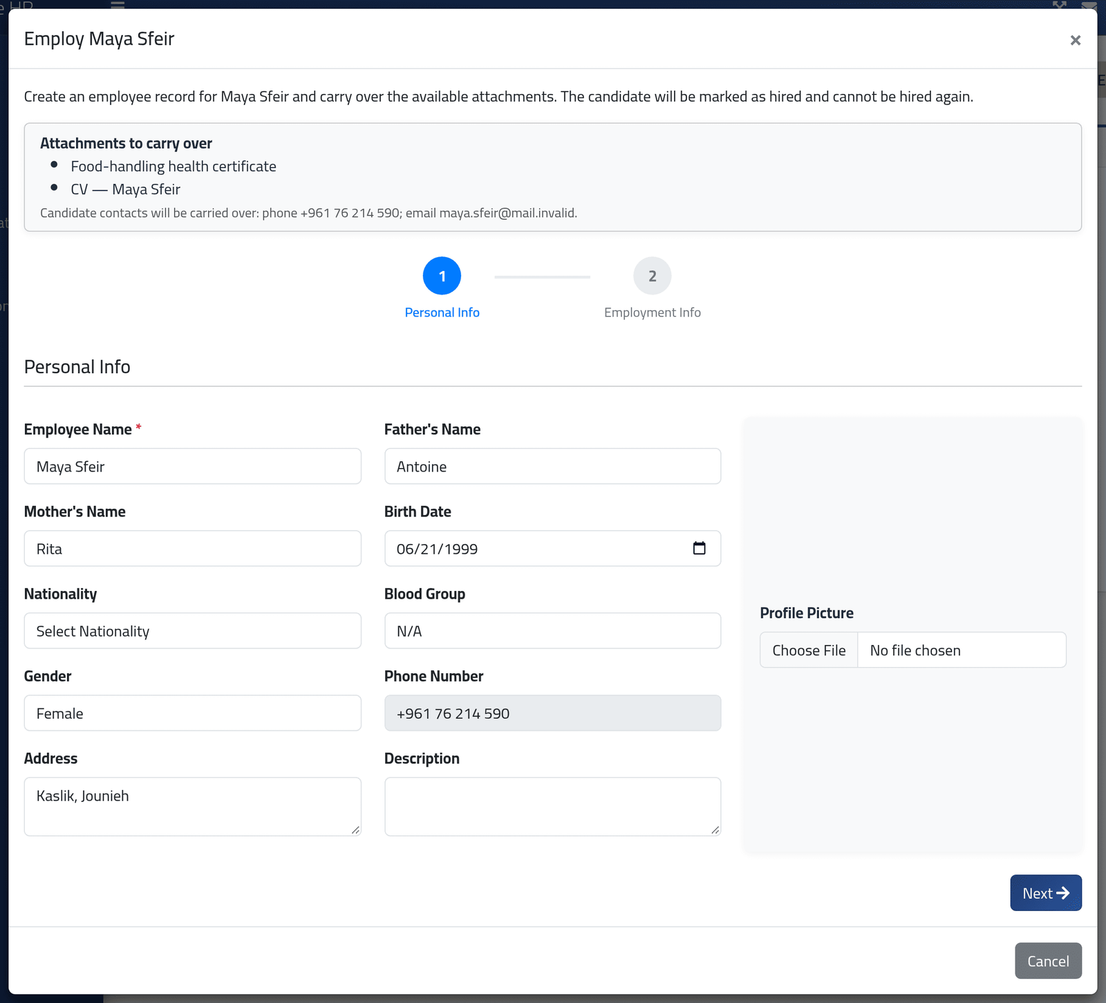 Open the form — Employing a candidate