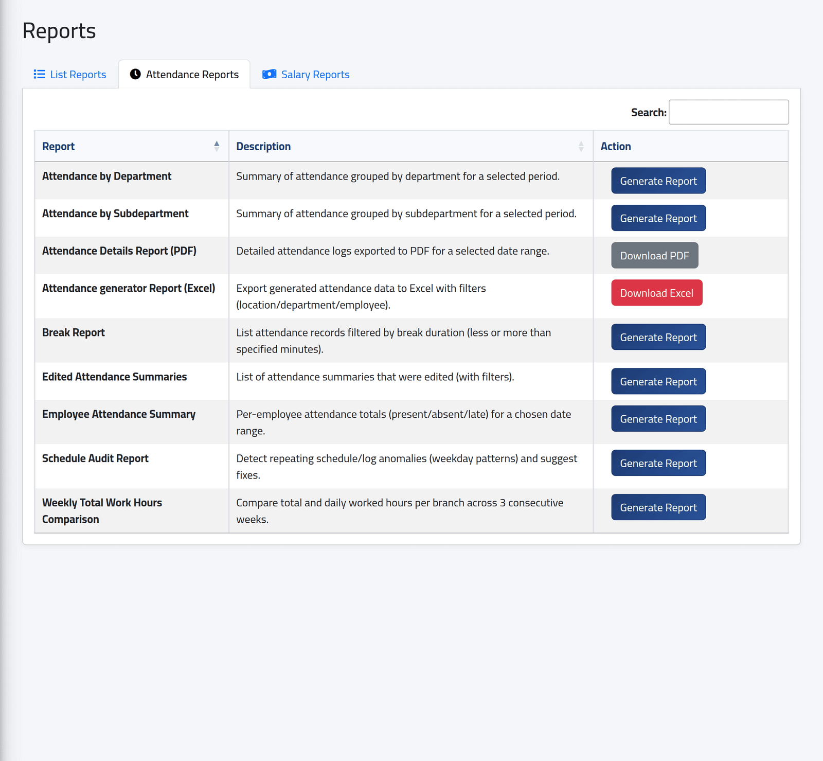 The attendance reports — Finding a report