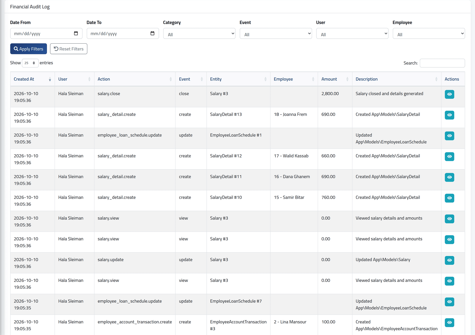 Open the log — The financial audit log