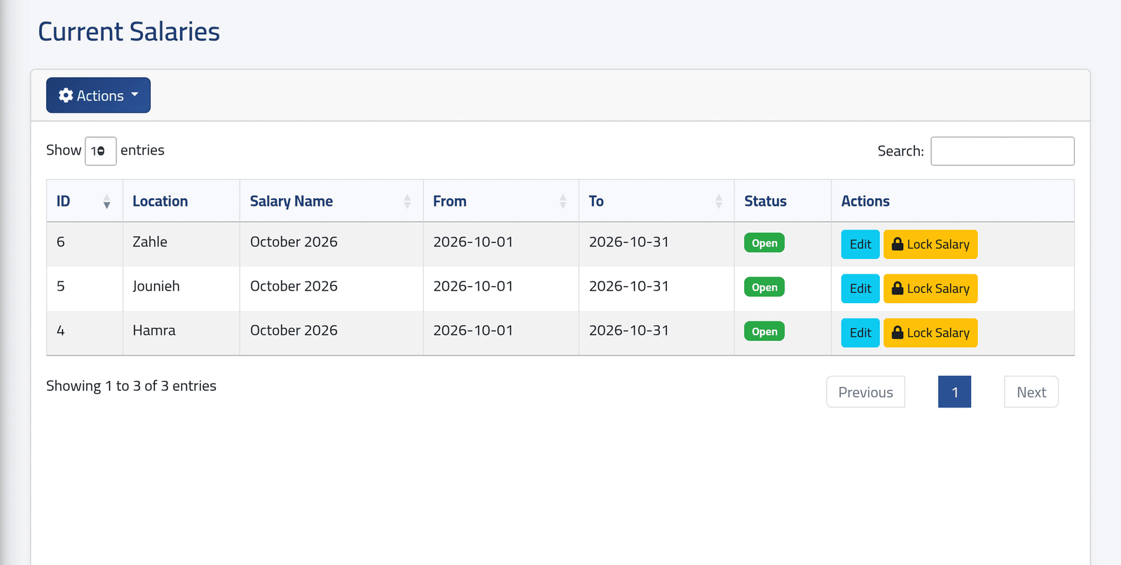 Open Current Salaries — Creating a salary period