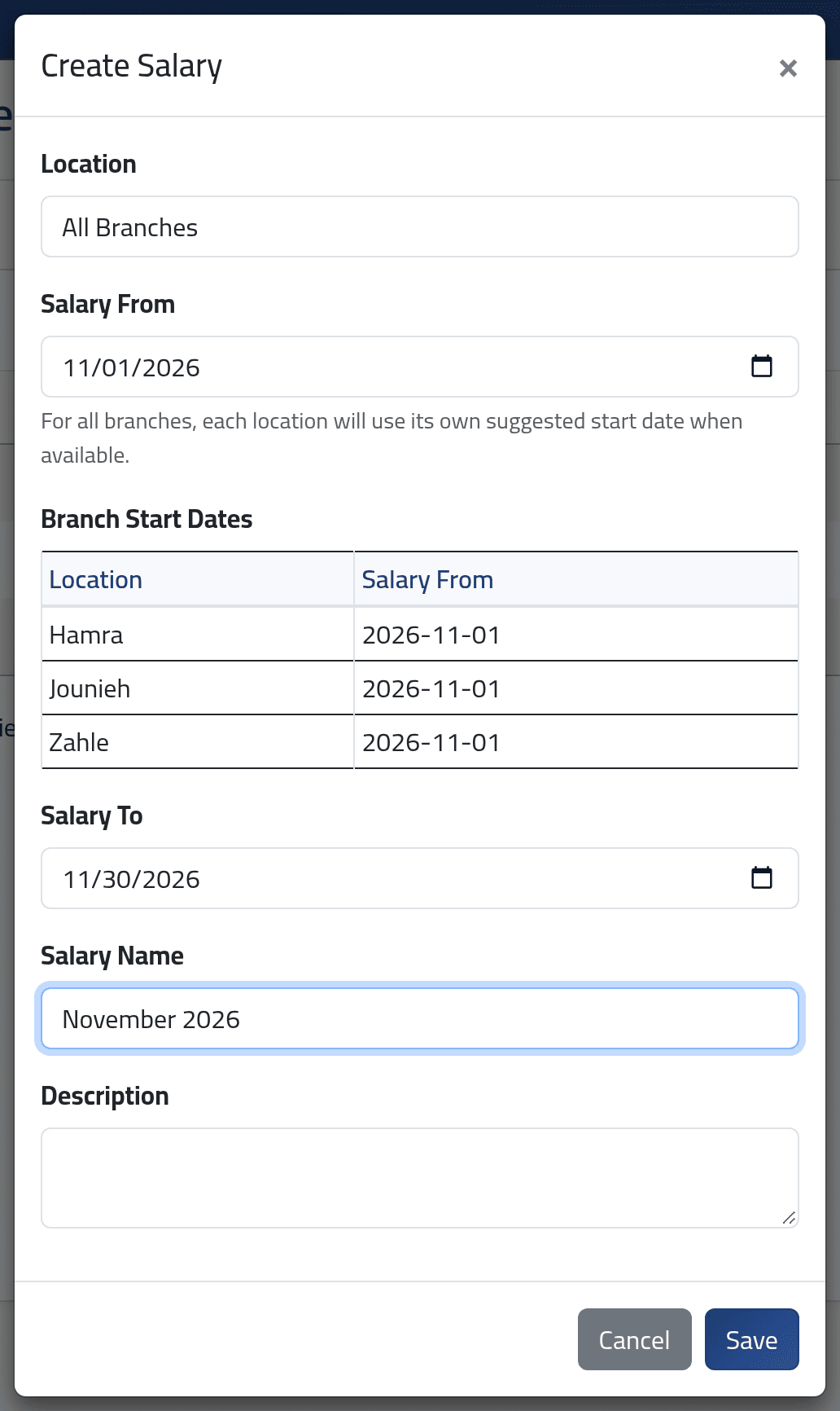 Fill in the period — Creating a salary period