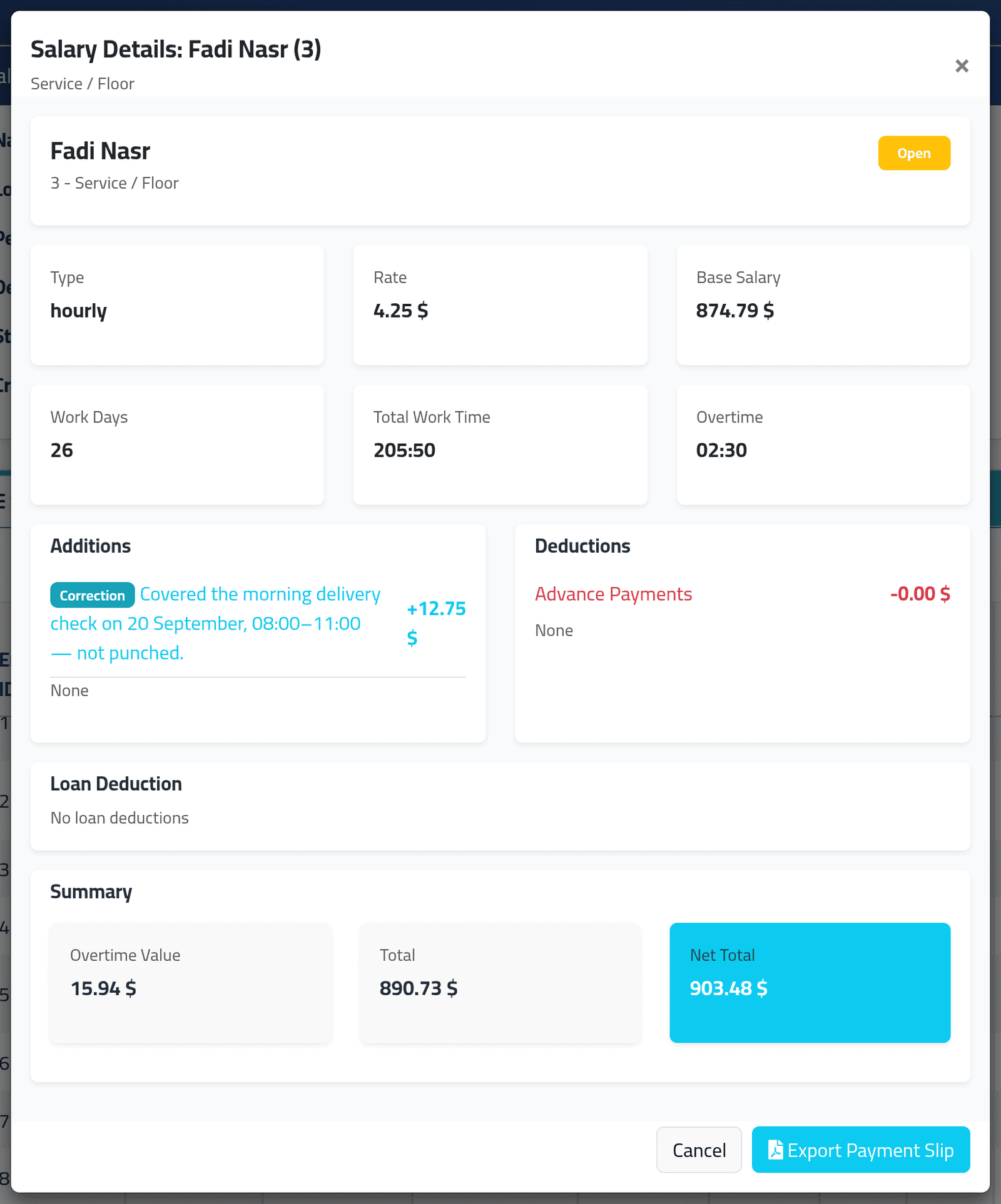 Open one person's breakdown — Reading a salary period