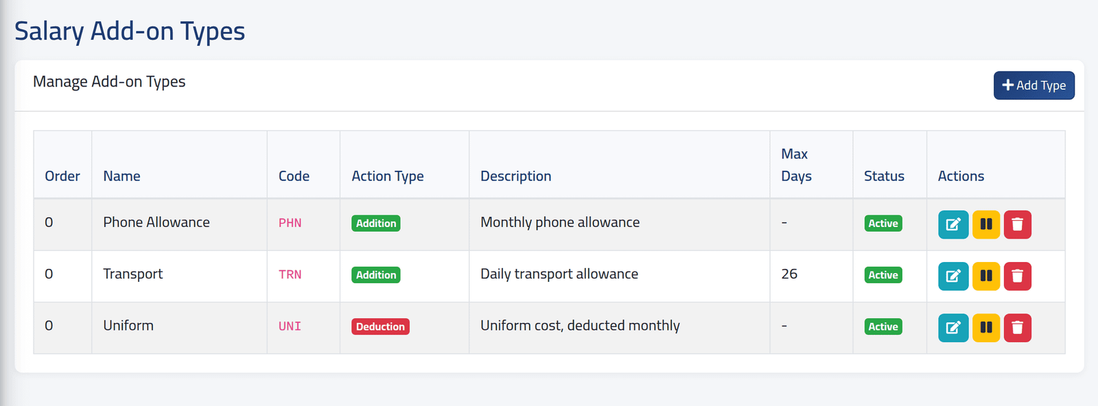 Open the list — Salary add-on types