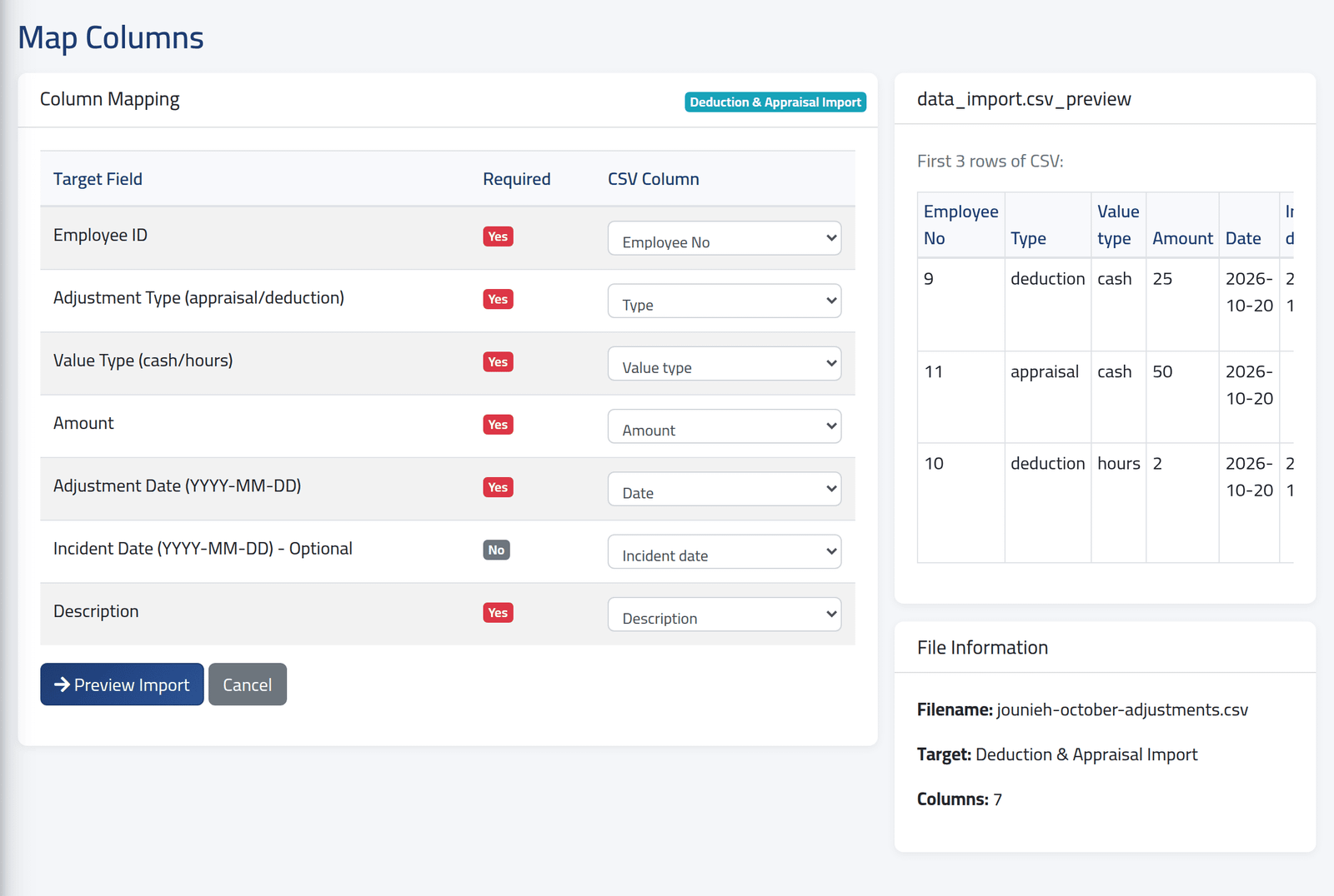 Match the columns — Importing data from a file