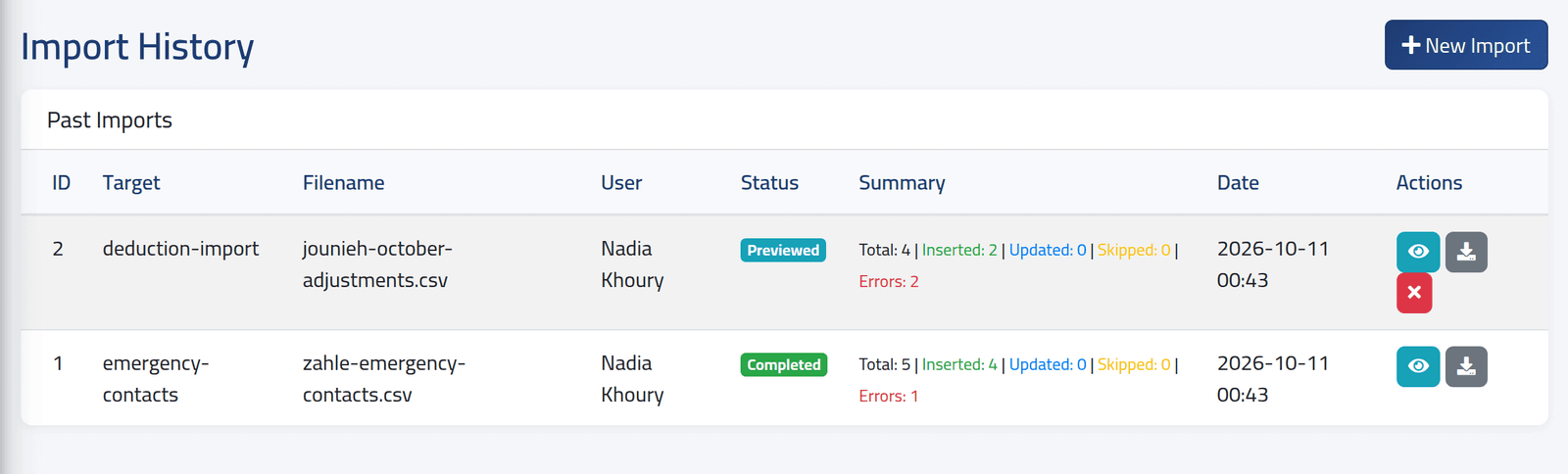 Open the list — Import history