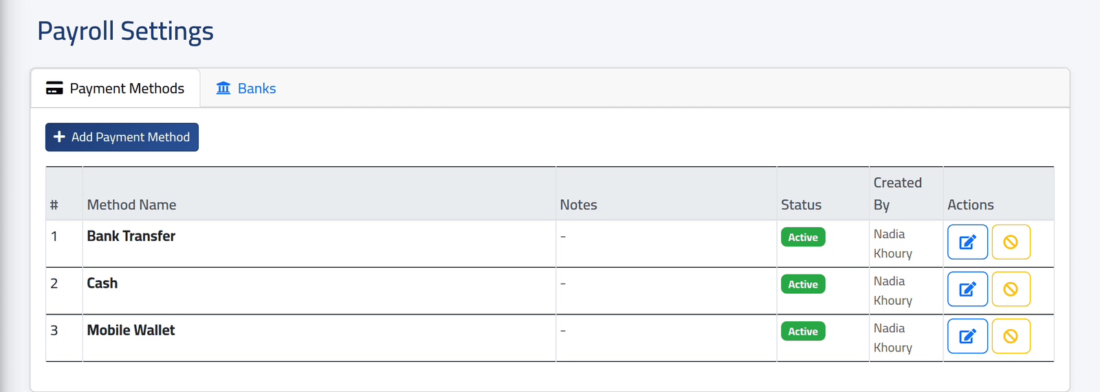 Open Payroll Settings — Payment methods and banks