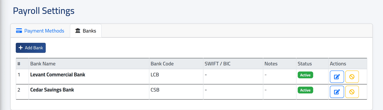 Add a bank — Payment methods and banks