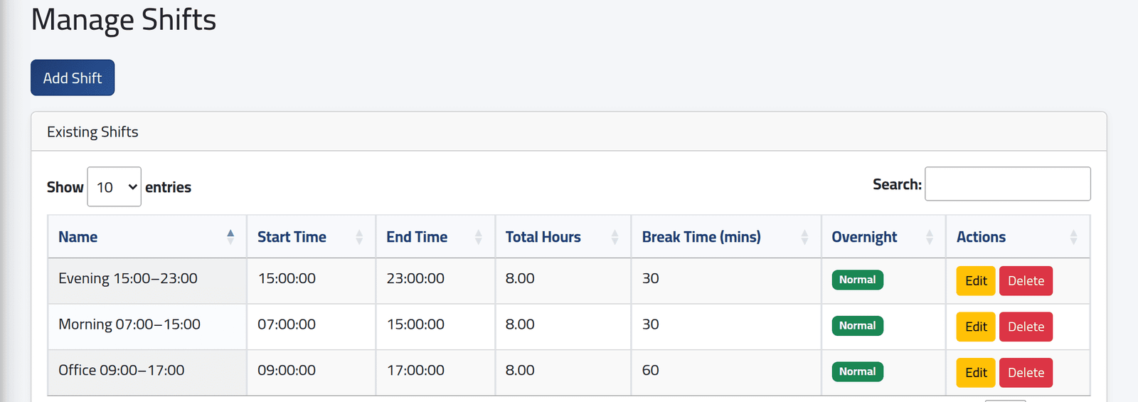 Open the list of shifts — Adding a shift