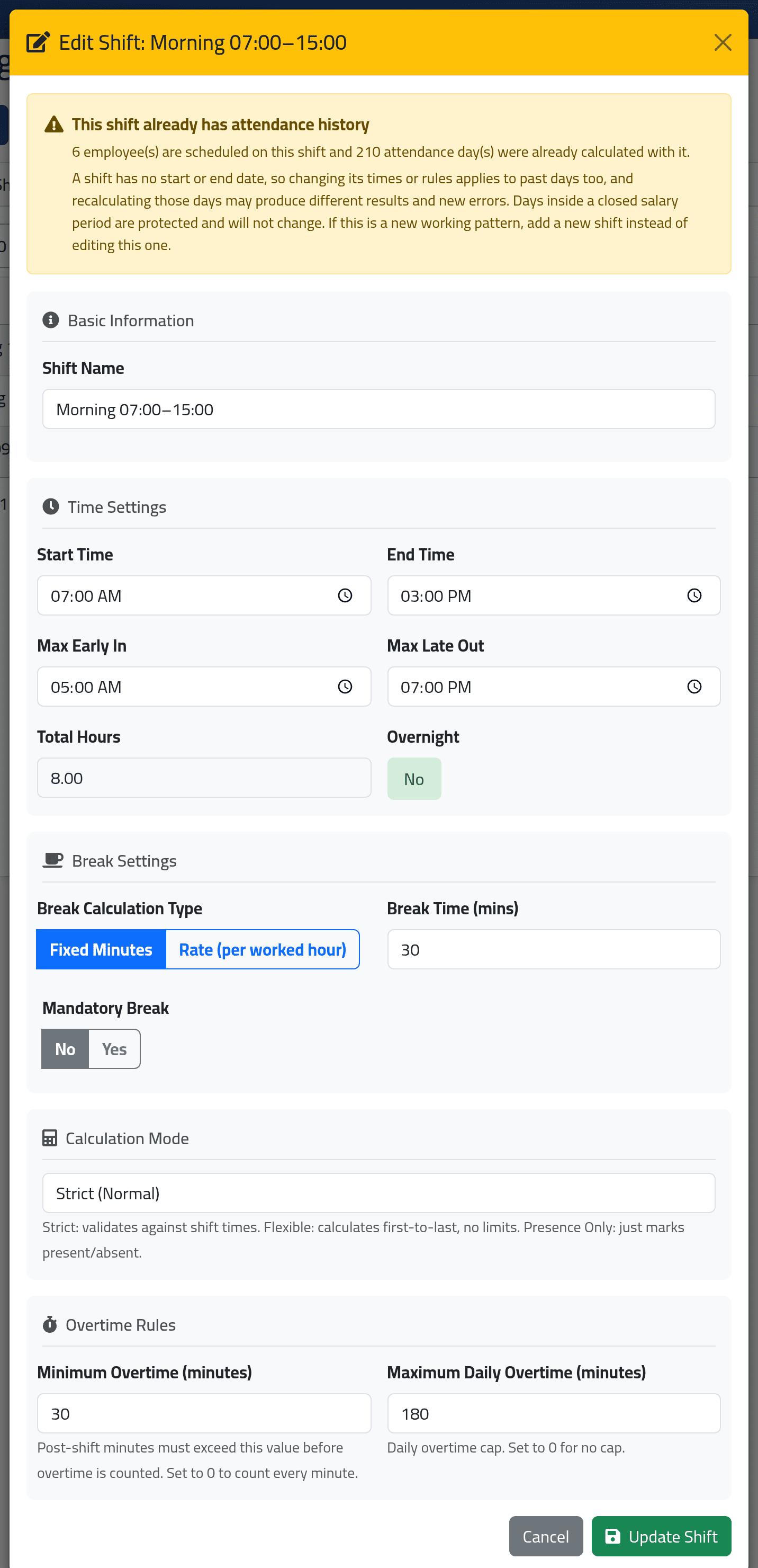 Open the shift — Changing a shift