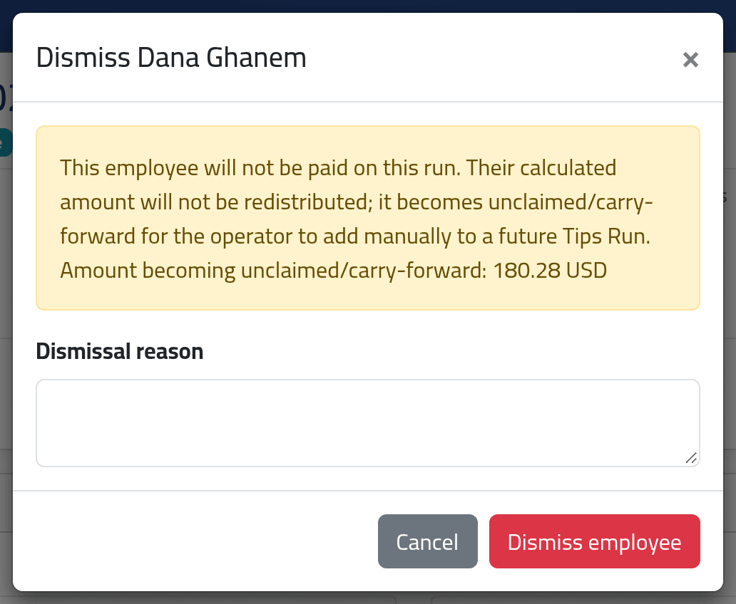 Hold someone's tips — Paying out tips