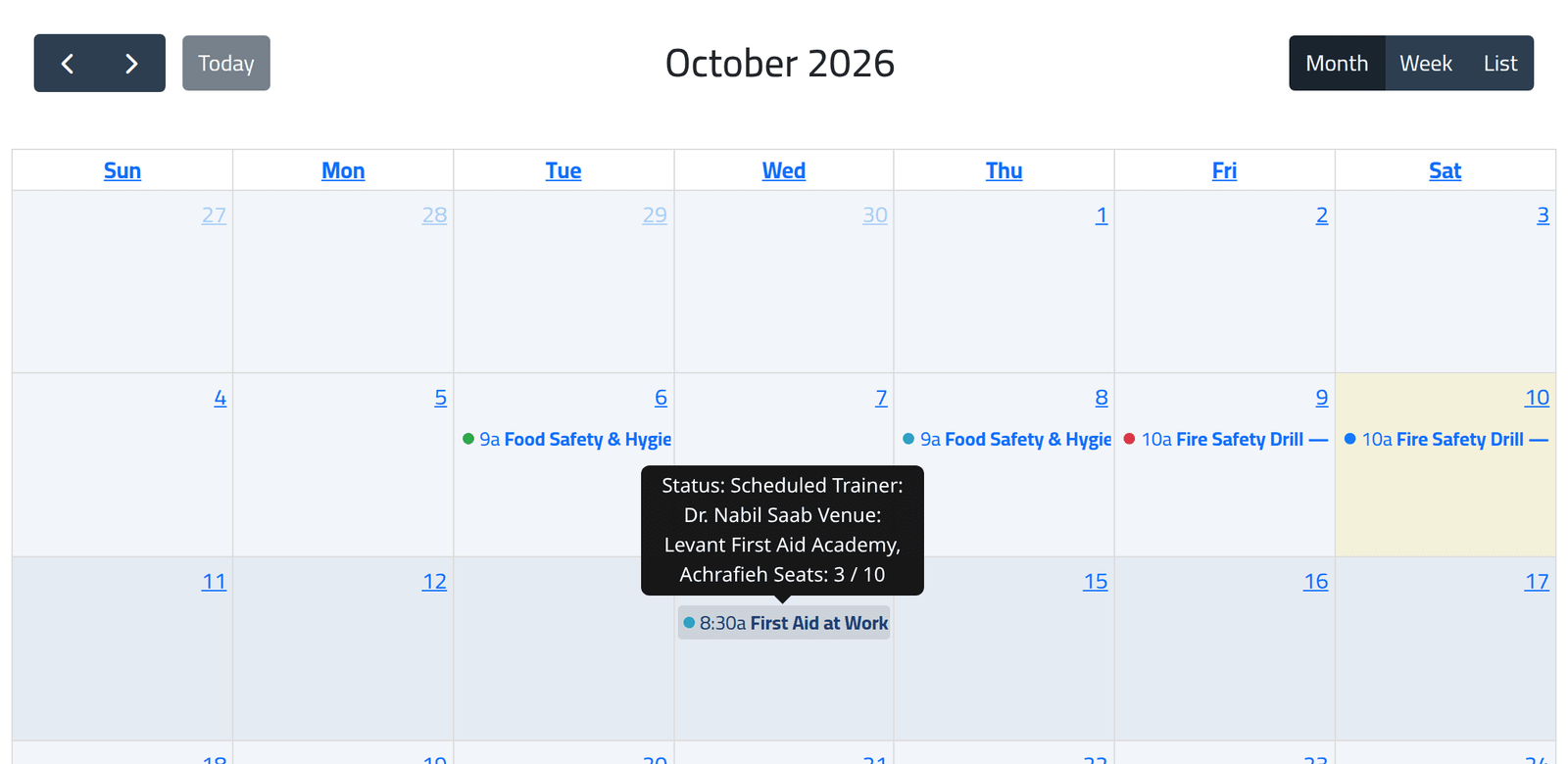 Point at a session — The training calendar