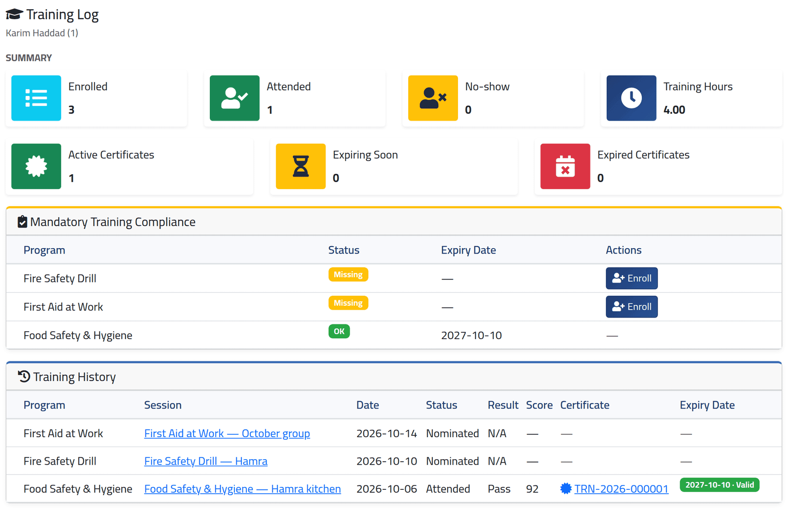Open the tab — An employee's training record
