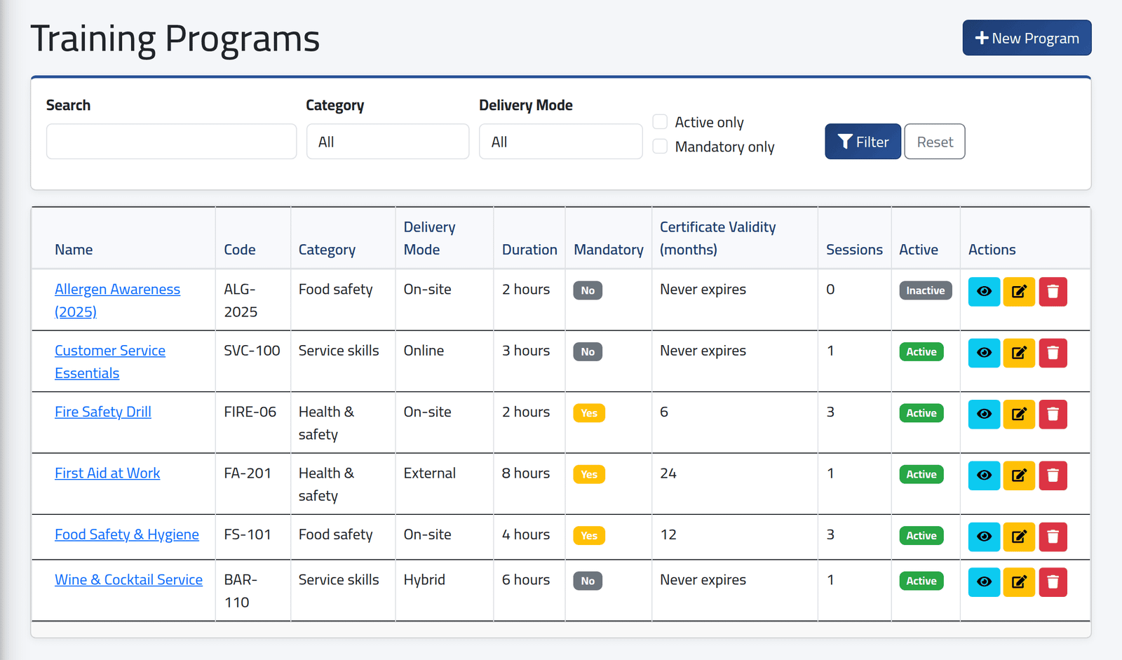 Open the list — Defining a training program