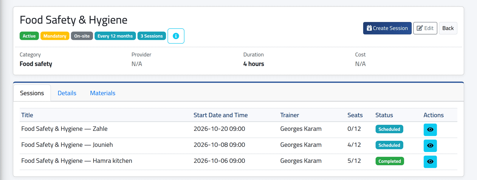 The program's page — Defining a training program
