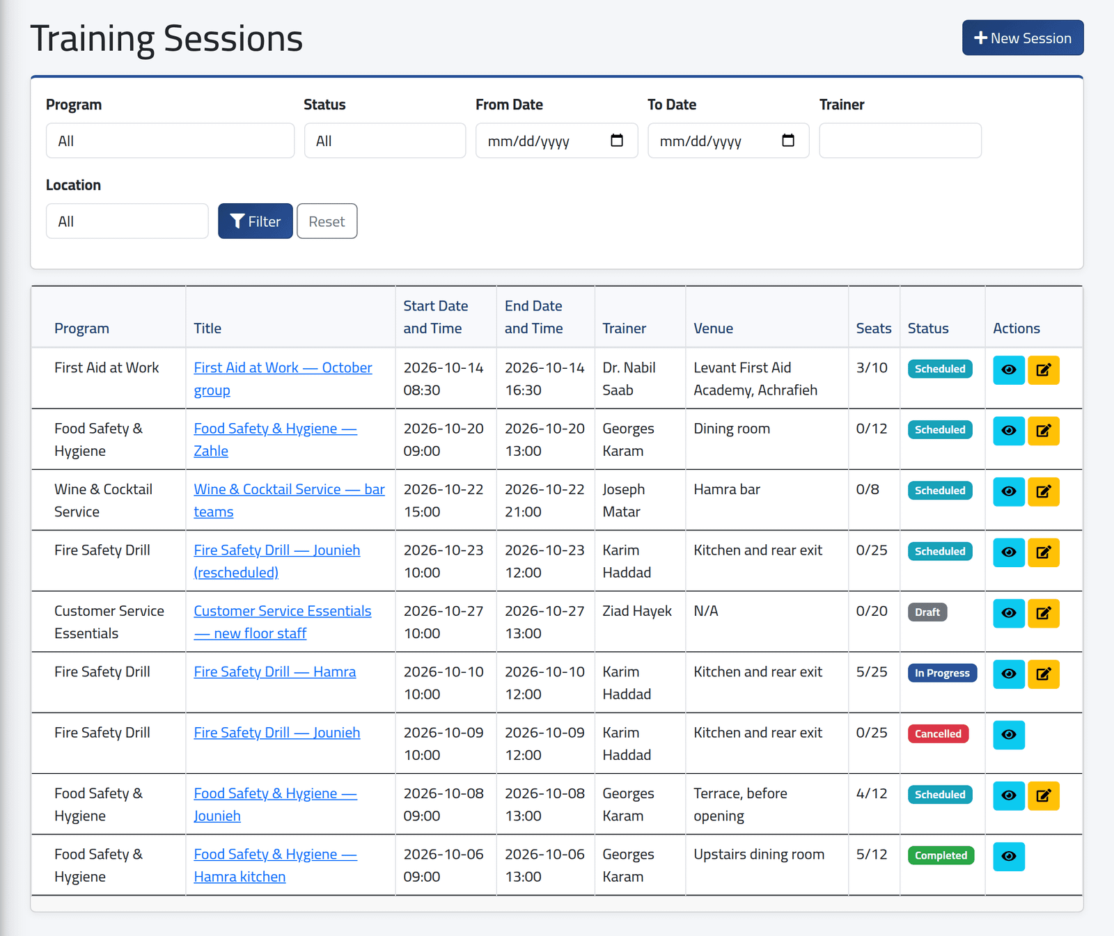 See what is planned — Scheduling a training session